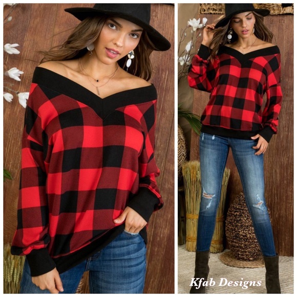 ❤️LAST! French Terry V Neck Contrast Band Soft Plaid Top! - Picture 3 of 10